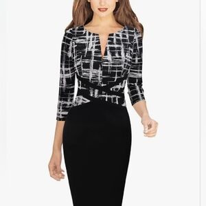 BLACK & WHITE MIDI LENGTH, QUARTER SLEEVE, PENCIL SHEATH DRESS. WORN ONCE